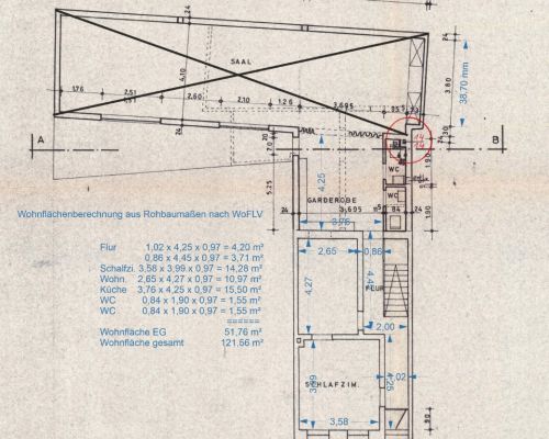 Zeichnung 1974 Erdgeschoss m Berechnung (Groß)